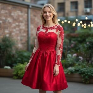 New Women’s Red Satin Dress 36” B. 30” W white size 8